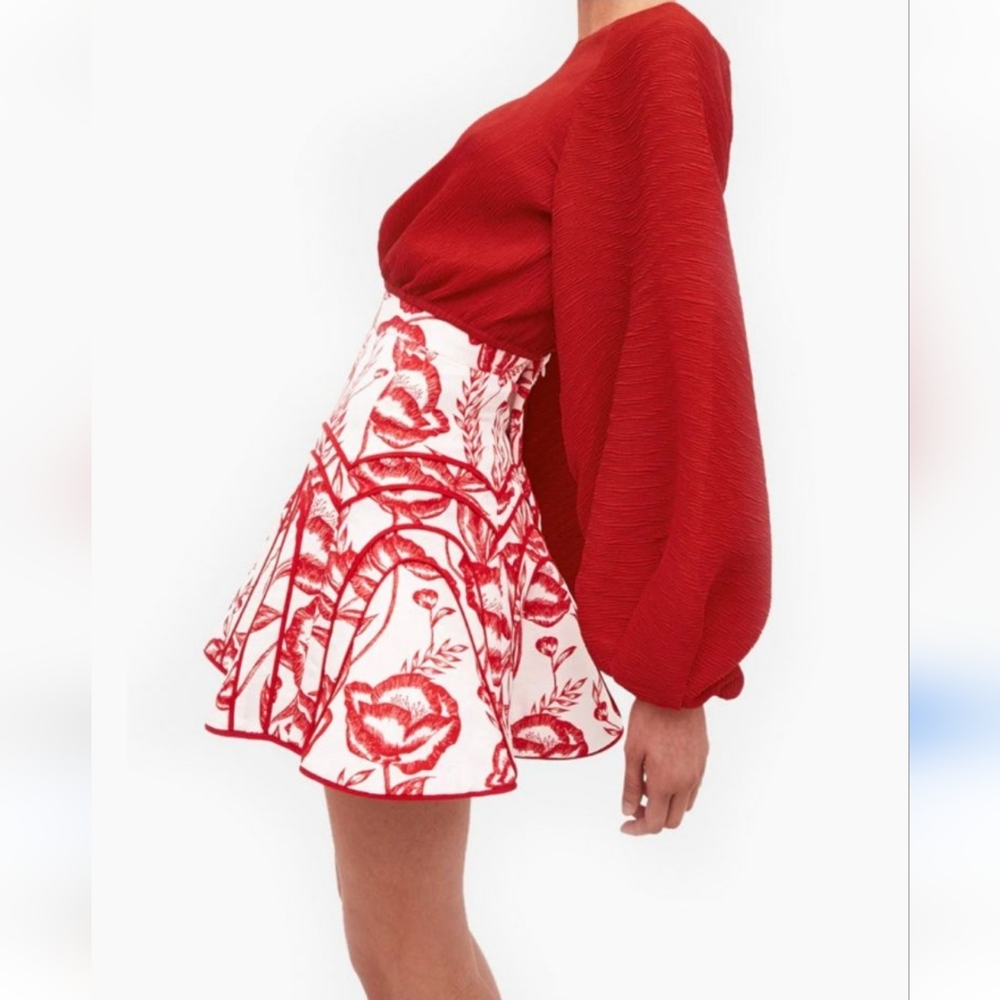 Red Floral Embroidered Mini Skirt